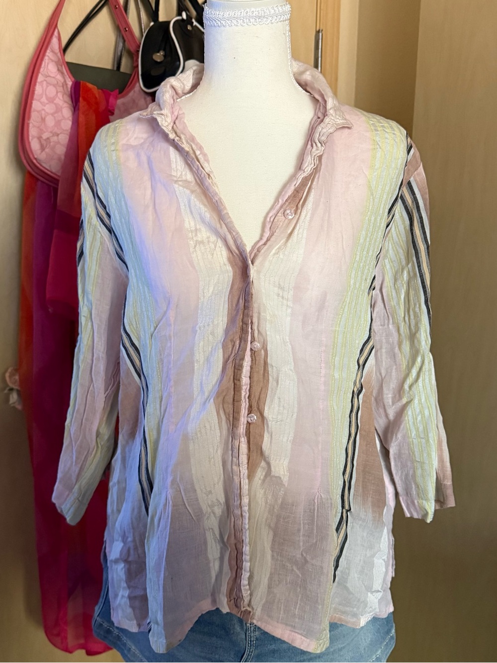 Claudia Richard Pastel Pink & Cream Striped Crinkle Button-Down